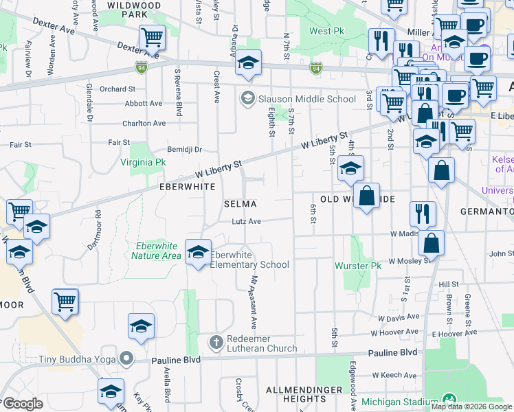 map of restaurants, bars, coffee shops, grocery stores, and more near 510 Eighth Street in Ann Arbor