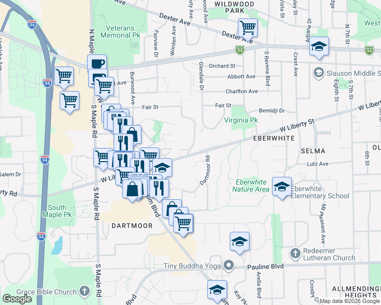 map of restaurants, bars, coffee shops, grocery stores, and more near 1900 West Liberty Street in Ann Arbor