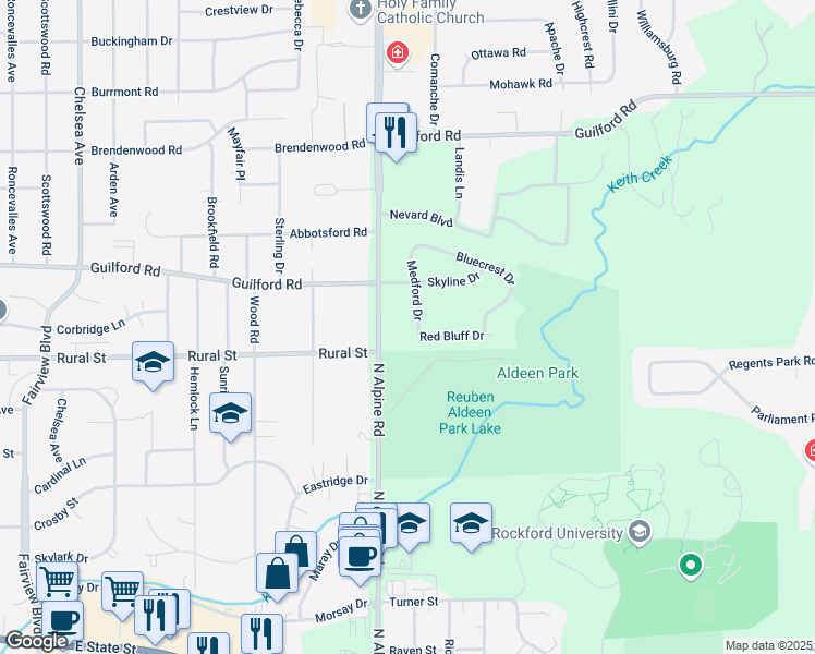 map of restaurants, bars, coffee shops, grocery stores, and more near 802 Medford Drive in Rockford