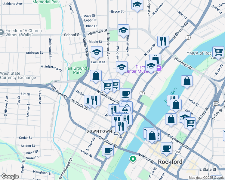 map of restaurants, bars, coffee shops, grocery stores, and more near 417 North Winnebago Street in Rockford