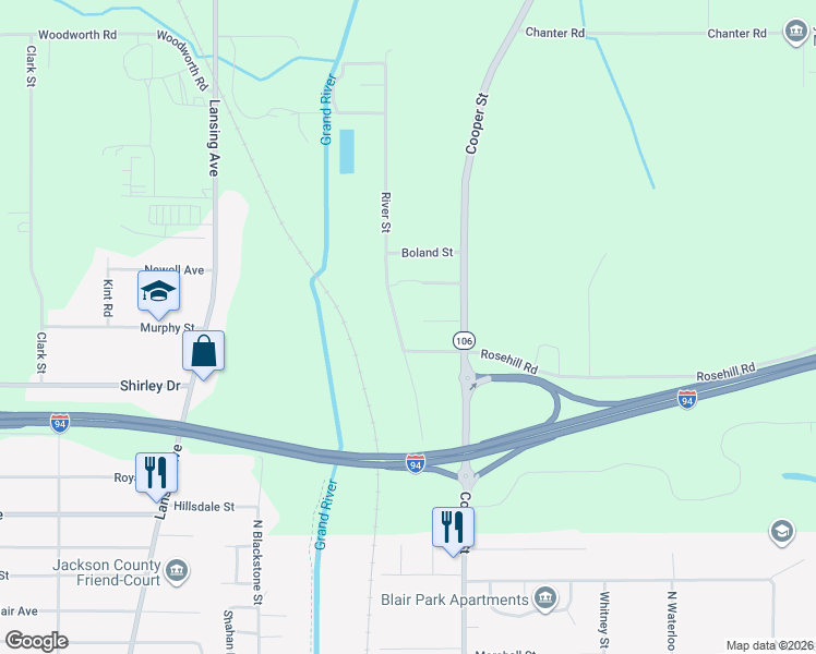 map of restaurants, bars, coffee shops, grocery stores, and more near 1957 River Street in Jackson
