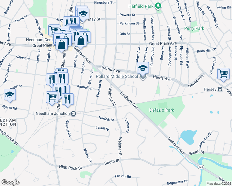 map of restaurants, bars, coffee shops, grocery stores, and more near 213 Dedham Avenue in Needham