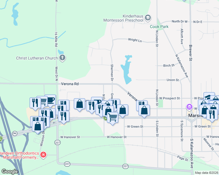 map of restaurants, bars, coffee shops, grocery stores, and more near 1006 Verona Road in Marshall