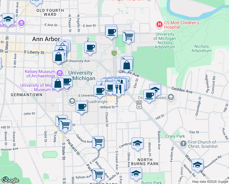 map of restaurants, bars, coffee shops, grocery stores, and more near 536 South Forest Avenue in Ann Arbor