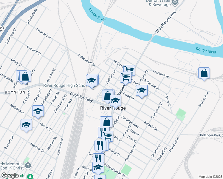 map of restaurants, bars, coffee shops, grocery stores, and more near 30 Myrtle Street in River Rouge