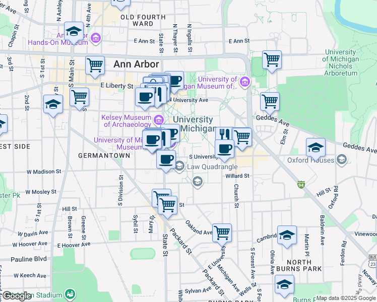 map of restaurants, bars, coffee shops, grocery stores, and more near 815 South University Avenue in Ann Arbor