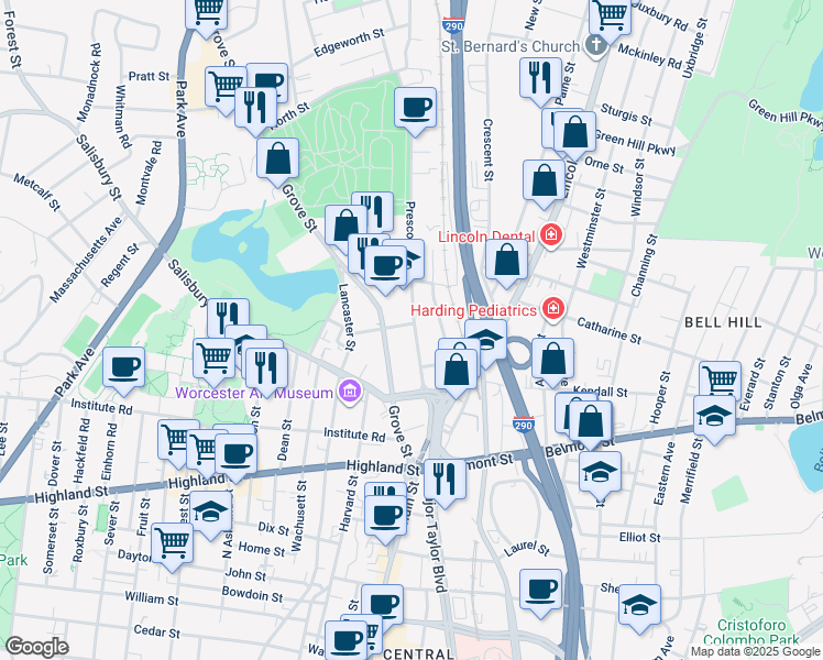 map of restaurants, bars, coffee shops, grocery stores, and more near 66 Prescott Street in Worcester