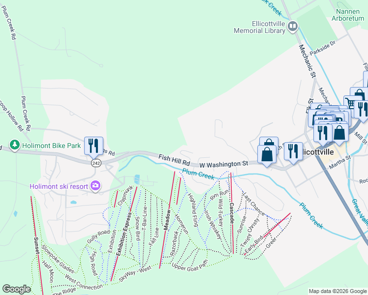 map of restaurants, bars, coffee shops, grocery stores, and more near 16 Stone Ridge in Ellicottville