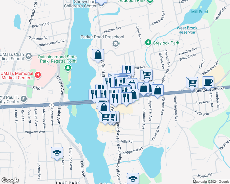 map of restaurants, bars, coffee shops, grocery stores, and more near 77 Boston Turnpike in Shrewsbury