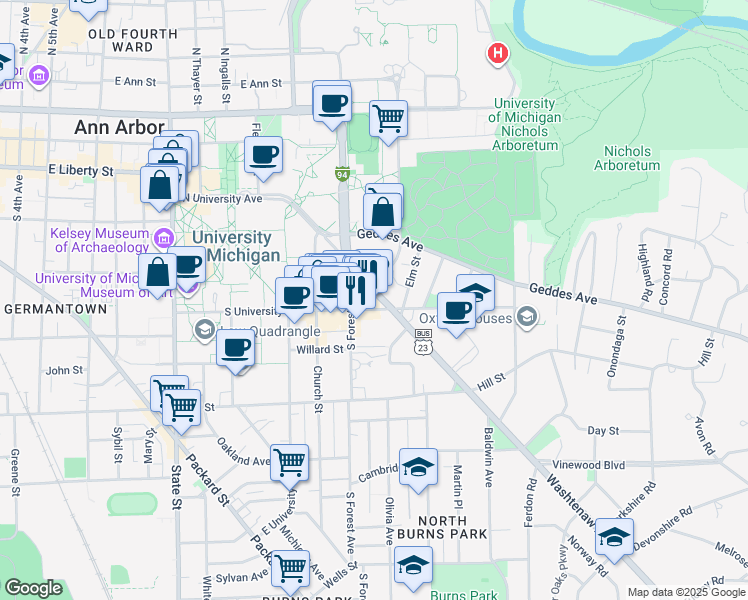 map of restaurants, bars, coffee shops, grocery stores, and more near 1338 Washtenaw Avenue in Ann Arbor