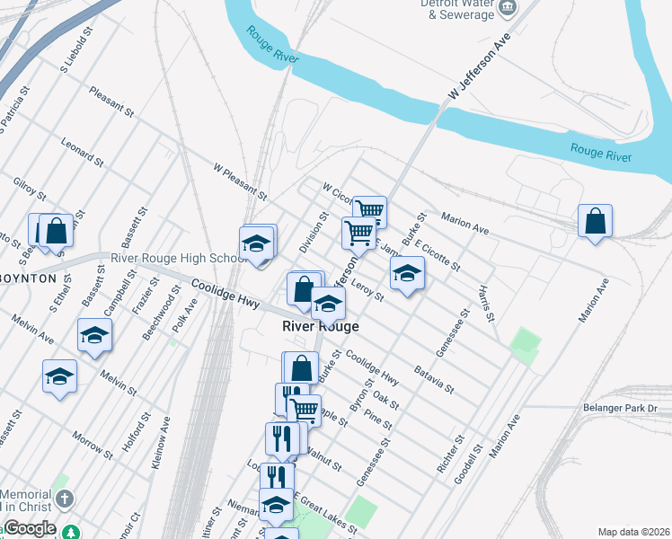 map of restaurants, bars, coffee shops, grocery stores, and more near 10380 West Jefferson Avenue in River Rouge