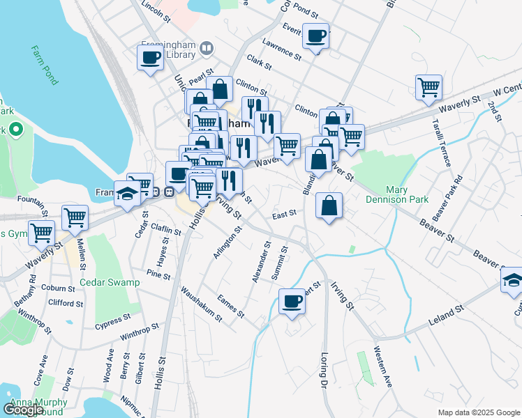 map of restaurants, bars, coffee shops, grocery stores, and more near 68 South Street in Framingham