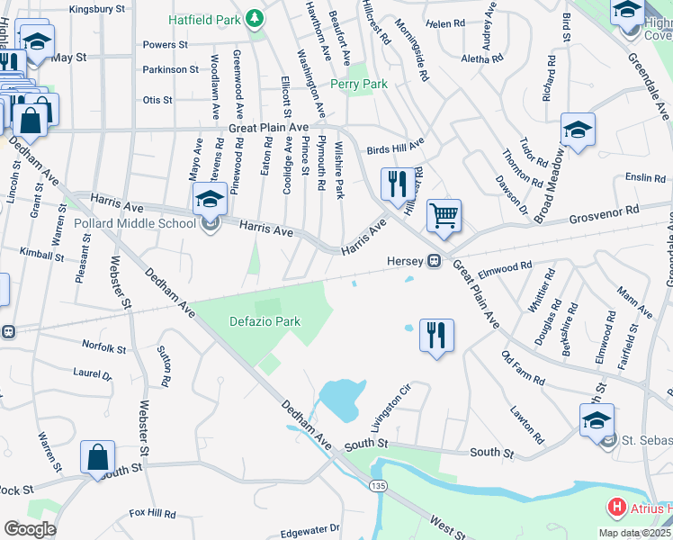 map of restaurants, bars, coffee shops, grocery stores, and more near 62 Harris Avenue in Needham