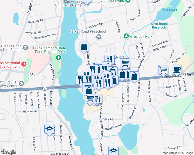 map of restaurants, bars, coffee shops, grocery stores, and more near 77 Boston Turnpike in Shrewsbury
