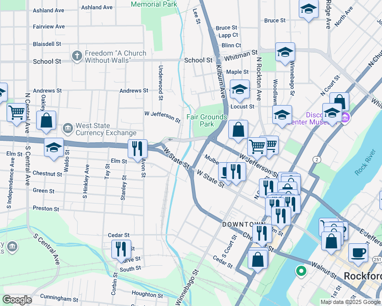 map of restaurants, bars, coffee shops, grocery stores, and more near 9XX West Jefferson Street in Rockford