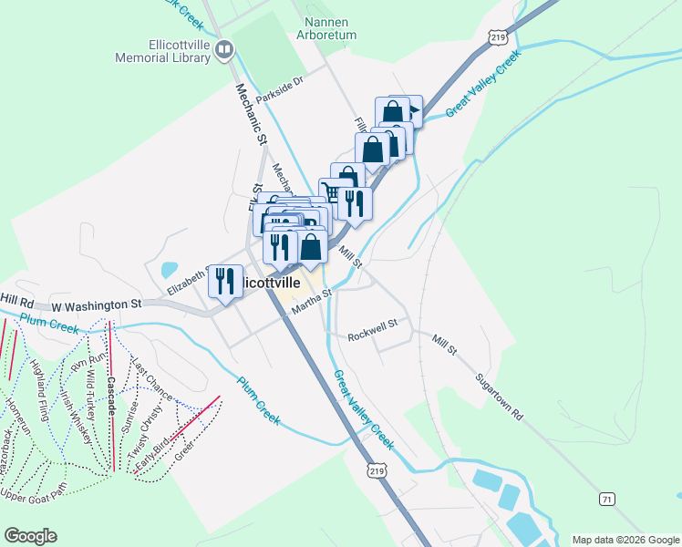 map of restaurants, bars, coffee shops, grocery stores, and more near 11 Mill Street in Ellicottville