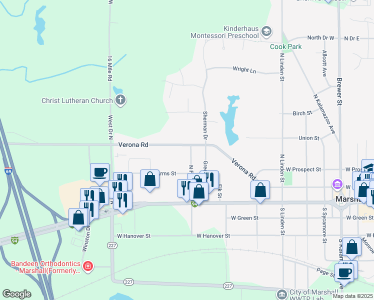 map of restaurants, bars, coffee shops, grocery stores, and more near 1110 Verona Road in Marshall