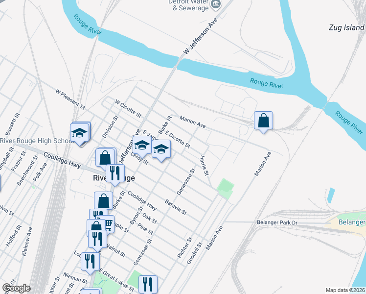 map of restaurants, bars, coffee shops, grocery stores, and more near 57 East Cicotte Street in River Rouge