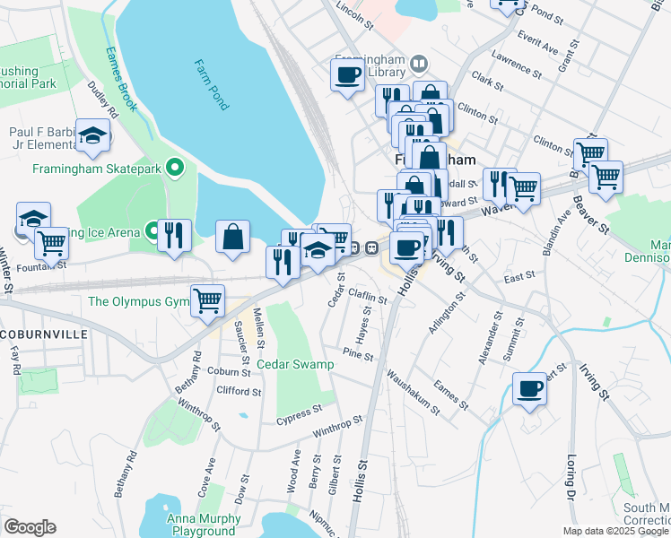 map of restaurants, bars, coffee shops, grocery stores, and more near 417 Waverly Street in Framingham