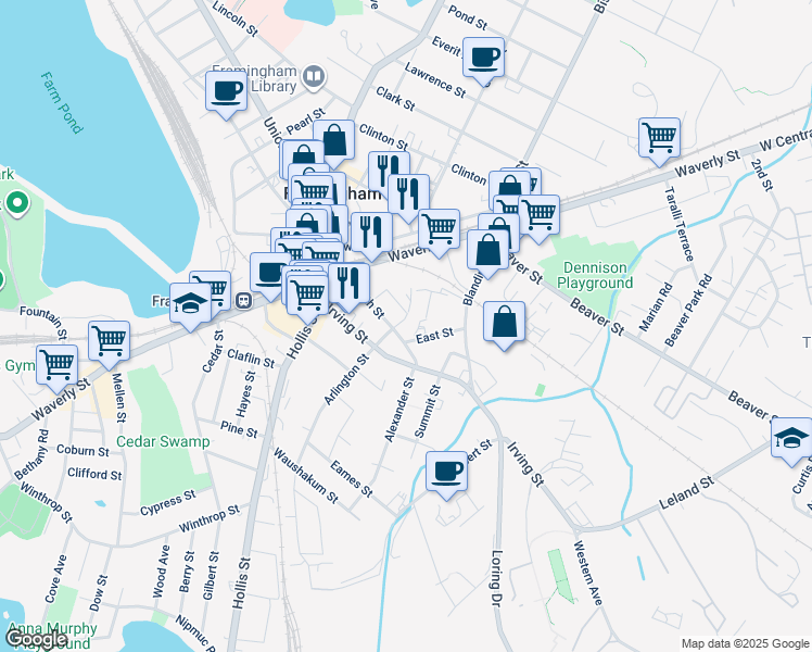 map of restaurants, bars, coffee shops, grocery stores, and more near 19 Taylor Street in Framingham