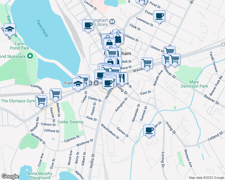 map of restaurants, bars, coffee shops, grocery stores, and more near 100 Irving Street in Framingham