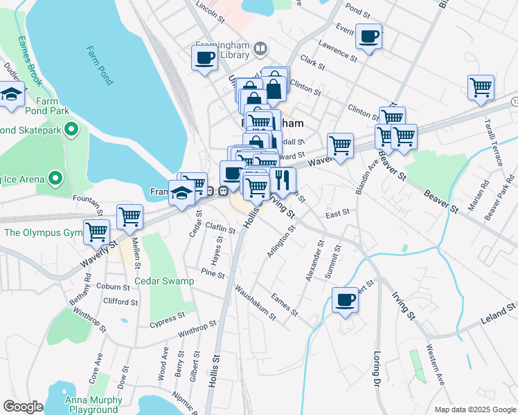 map of restaurants, bars, coffee shops, grocery stores, and more near 100 Irving Street in Framingham
