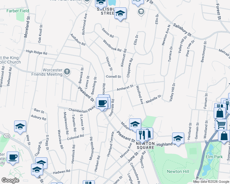 map of restaurants, bars, coffee shops, grocery stores, and more near 37 Amherst Street in Worcester