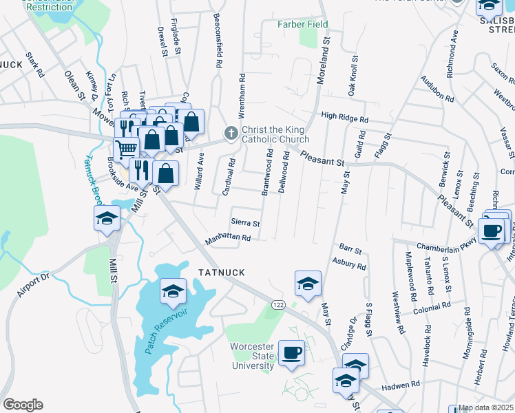 map of restaurants, bars, coffee shops, grocery stores, and more near 59 Brantwood Road in Worcester