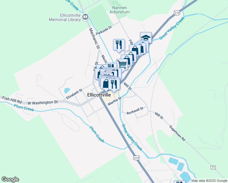 map of restaurants, bars, coffee shops, grocery stores, and more near 41 Washington Street in Ellicottville