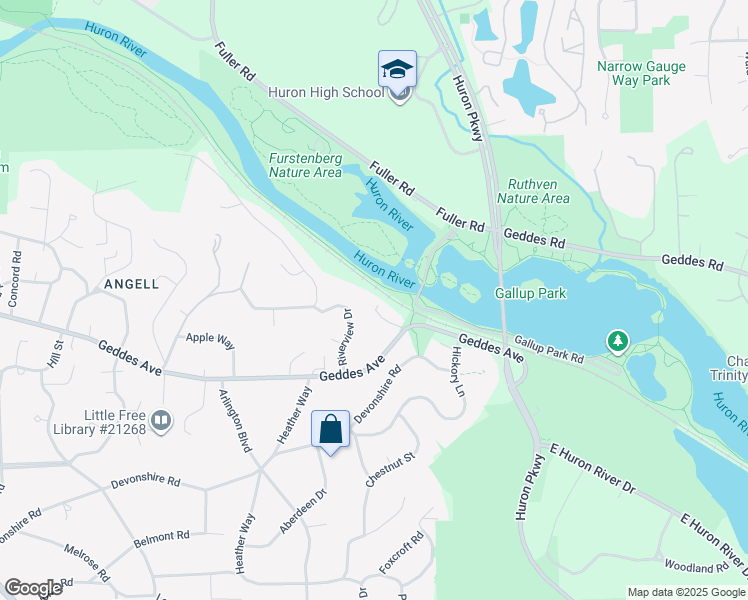 map of restaurants, bars, coffee shops, grocery stores, and more near 505 Riverview Drive in Ann Arbor