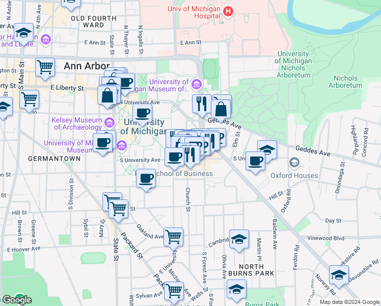 map of restaurants, bars, coffee shops, grocery stores, and more near 516-544 Church Street in Ann Arbor