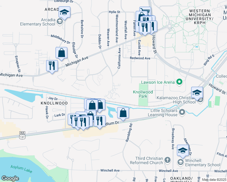 map of restaurants, bars, coffee shops, grocery stores, and more near 1711 Fraternity Village Drive in Kalamazoo