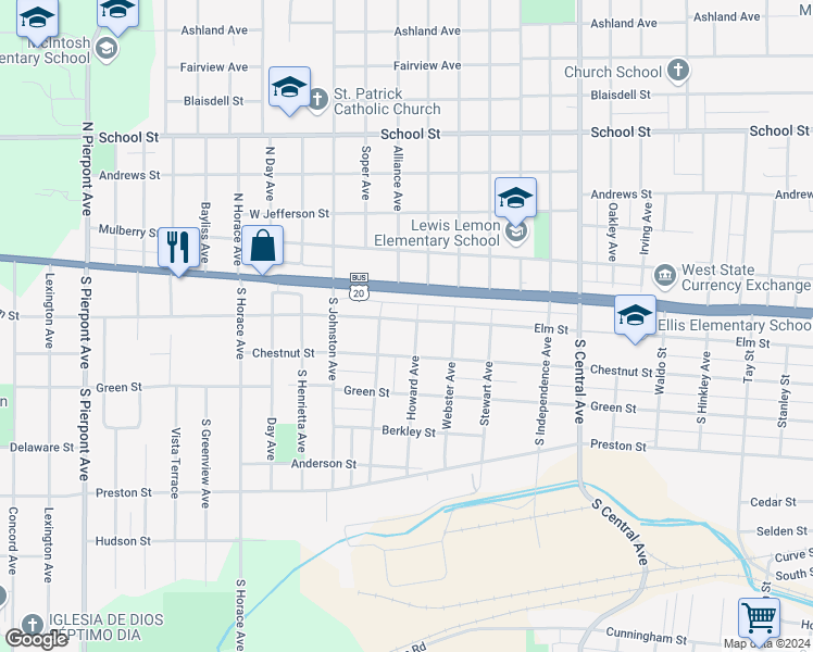 map of restaurants, bars, coffee shops, grocery stores, and more near 115 Howard Avenue in Rockford