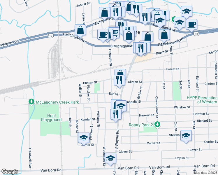 map of restaurants, bars, coffee shops, grocery stores, and more near 4404 Elizabeth Street in Wayne