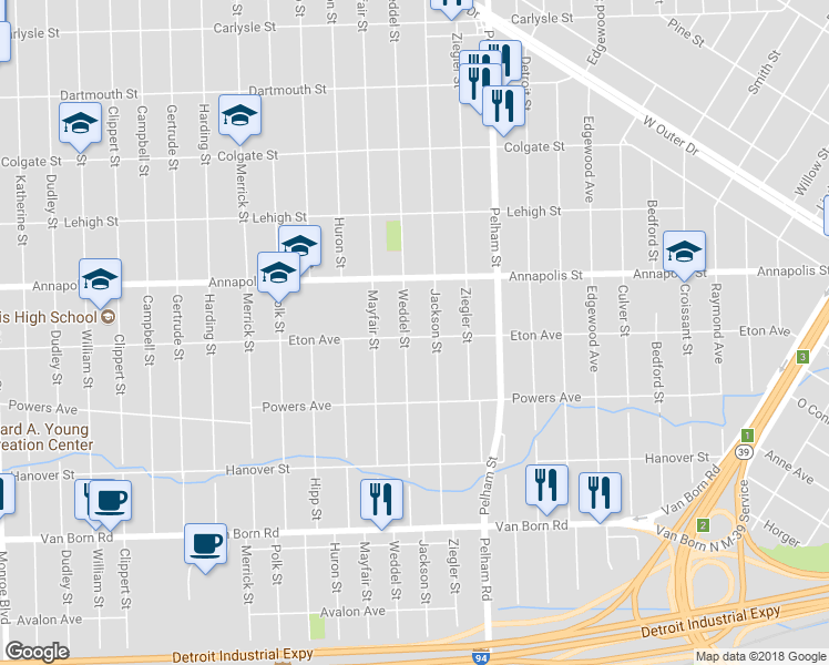 map of restaurants, bars, coffee shops, grocery stores, and more near 4721 Weddell Street in Dearborn Heights