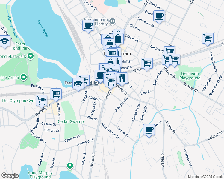 map of restaurants, bars, coffee shops, grocery stores, and more near 100 Irving Street in Framingham