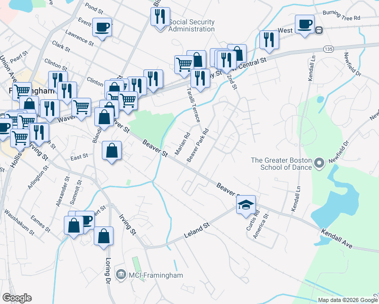 map of restaurants, bars, coffee shops, grocery stores, and more near 5 Beaver Park Road in Framingham