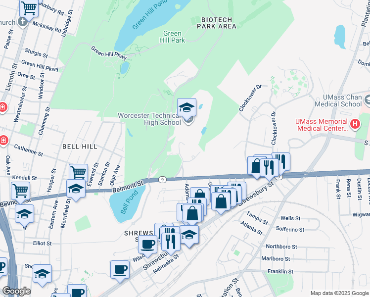 map of restaurants, bars, coffee shops, grocery stores, and more near 20 Mary Scano Drive in Worcester