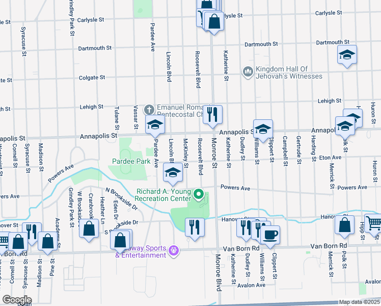 map of restaurants, bars, coffee shops, grocery stores, and more near 4679 McKinley Street in Dearborn Heights