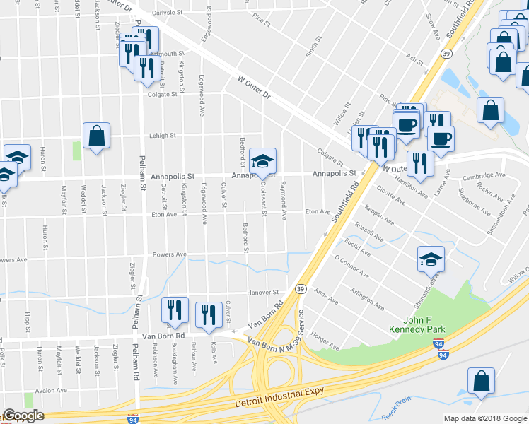 map of restaurants, bars, coffee shops, grocery stores, and more near Croissant Street in Dearborn Heights