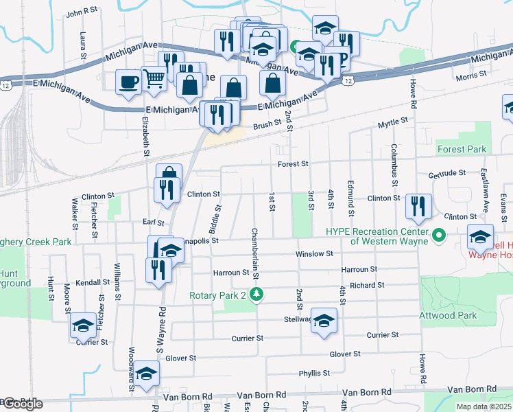 map of restaurants, bars, coffee shops, grocery stores, and more near in Wayne