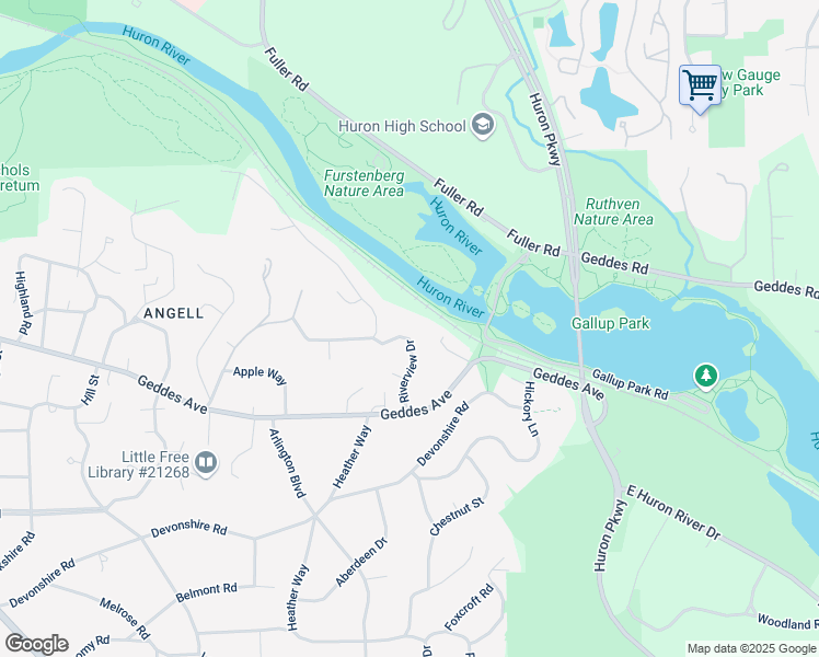 map of restaurants, bars, coffee shops, grocery stores, and more near 415 Riverview Drive in Ann Arbor