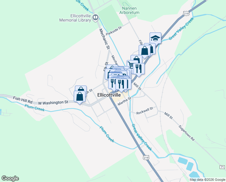 map of restaurants, bars, coffee shops, grocery stores, and more near 8 Washington Street in Ellicottville