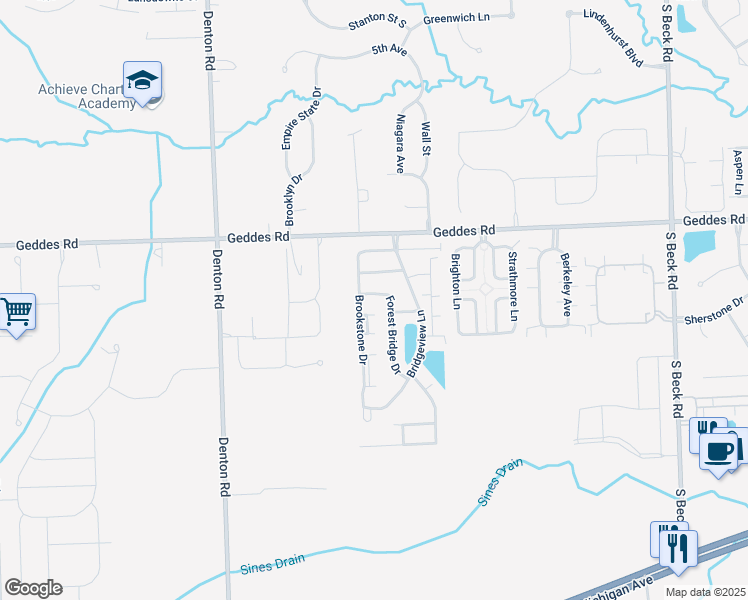 map of restaurants, bars, coffee shops, grocery stores, and more near 4404 Forest Bridge Drive in Canton