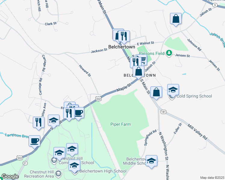 map of restaurants, bars, coffee shops, grocery stores, and more near 50 Maple Street in Belchertown