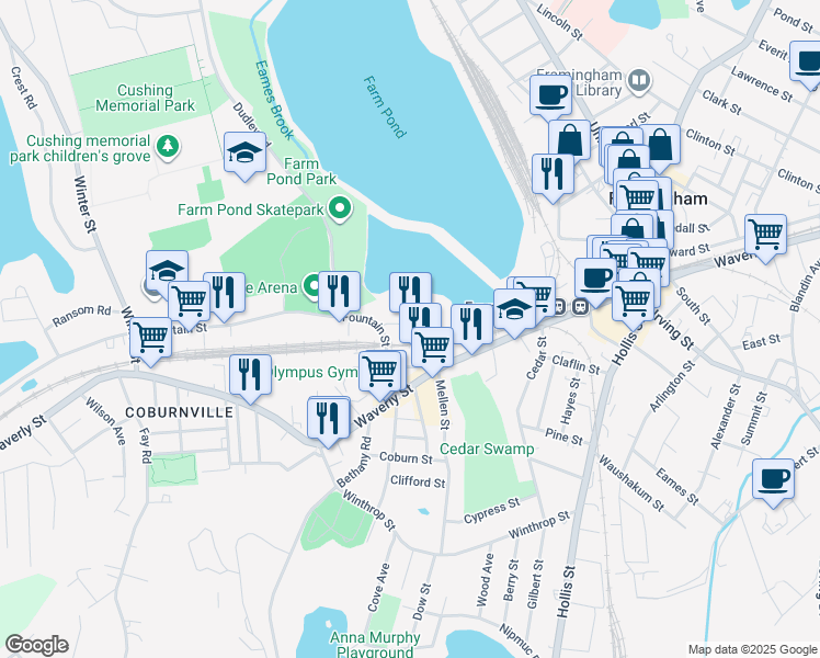 map of restaurants, bars, coffee shops, grocery stores, and more near 59 Fountain Street in Framingham