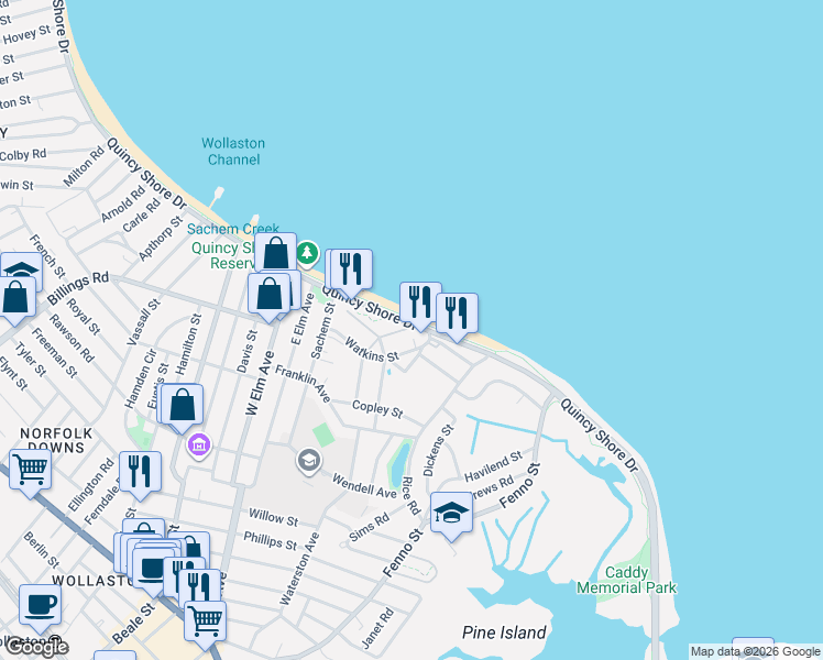 map of restaurants, bars, coffee shops, grocery stores, and more near 845 Quincy Shore Drive in Quincy
