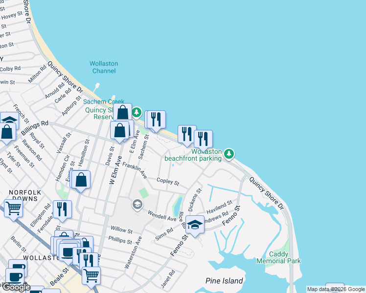 map of restaurants, bars, coffee shops, grocery stores, and more near 851 Quincy Shore Drive in Quincy