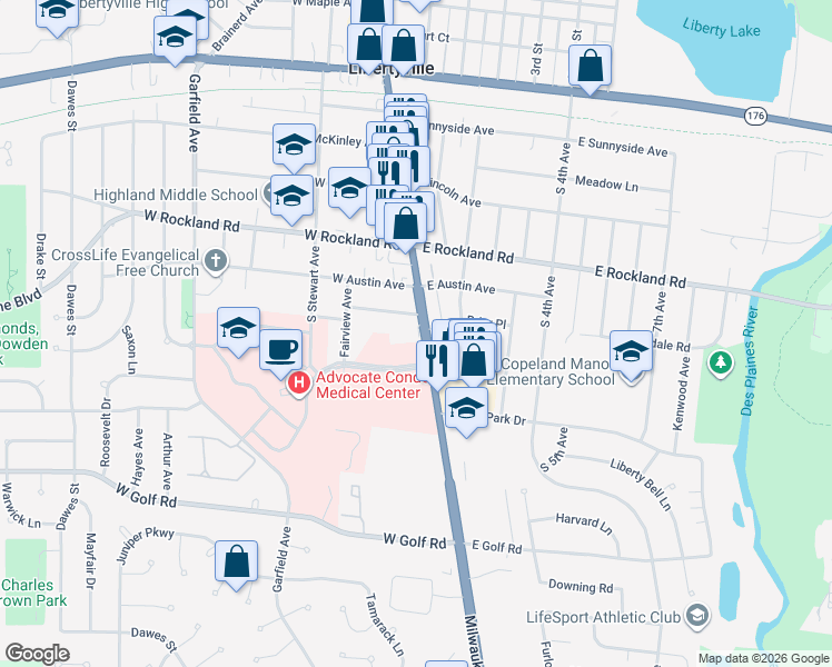 map of restaurants, bars, coffee shops, grocery stores, and more near 115 Coolidge Avenue in Libertyville