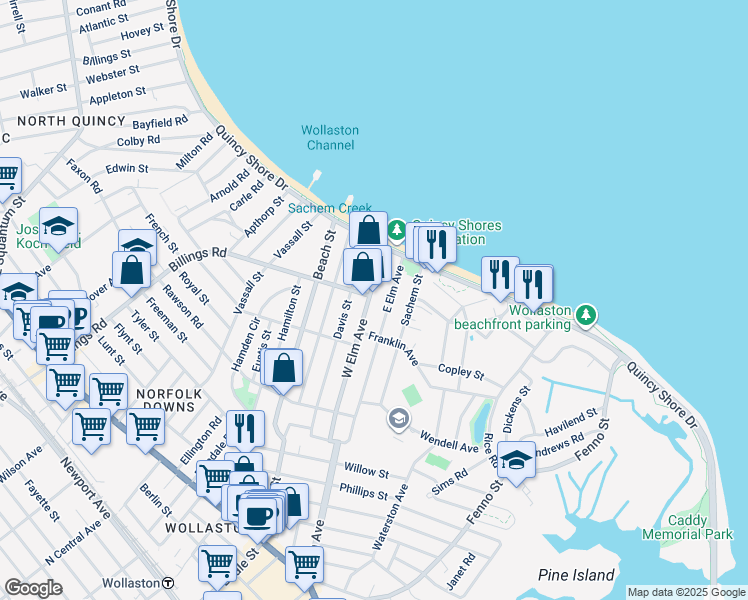 map of restaurants, bars, coffee shops, grocery stores, and more near 153 West Elm Avenue in Quincy